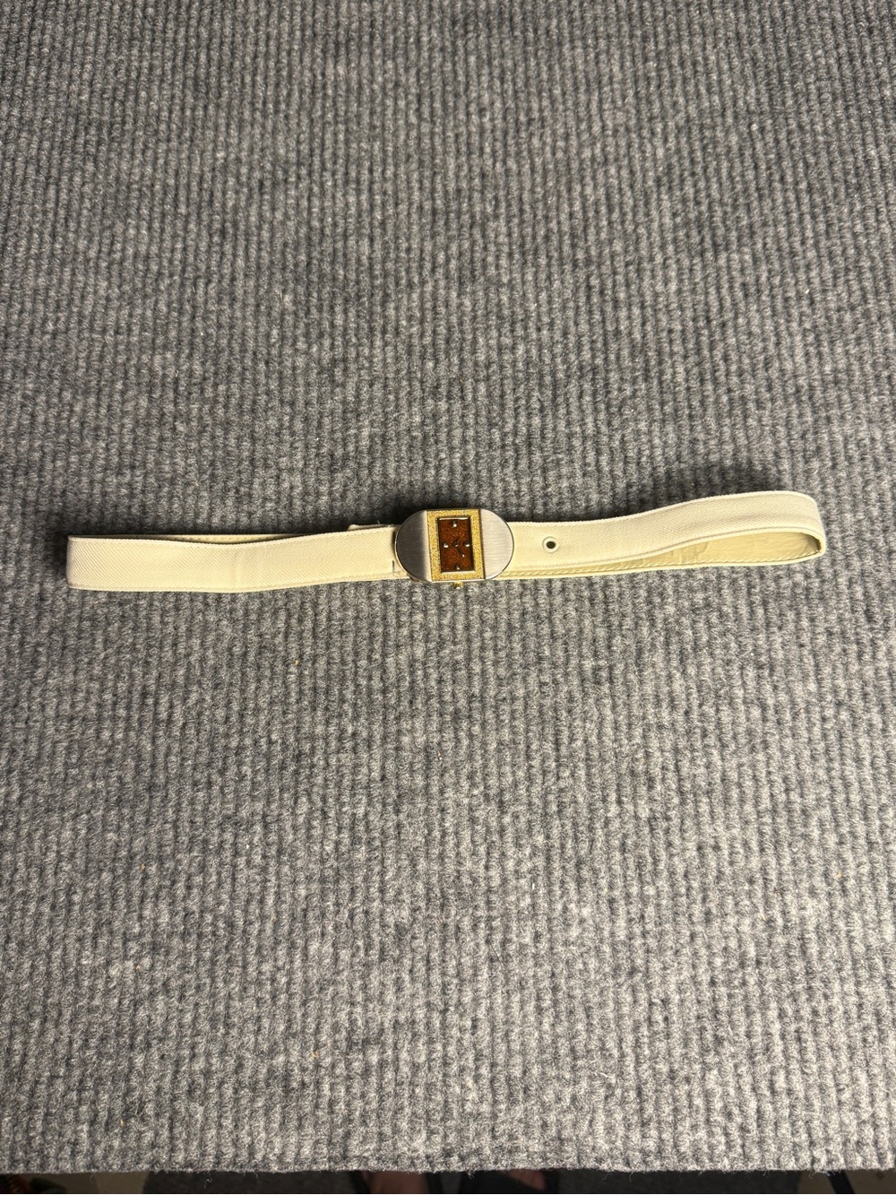 Vintage Retro 70s Style Jump Hour Watch Belt Buckle & Cream Fabric Belt
